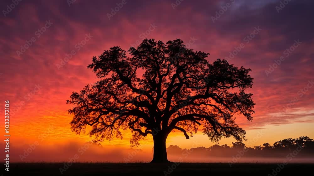 A lone oak tree stands silhouetted against a vibrant sunrise in a field with mist A lone oak tree stands silhouetted against a vibrant sunrise in a field with mist