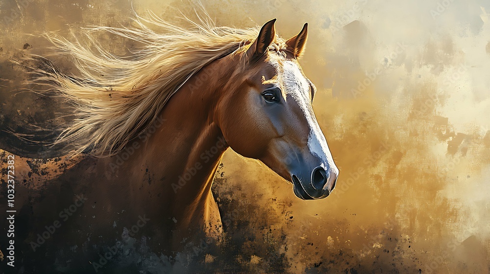 Fototapeta premium In profile portrait of calm cute brown reddish red foal with thick hair, close up image of head, blurry background. Empty space for text.