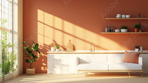 A modern living space featuring white sofa against warm orange wall, complemented by natural light streaming through large windows. minimalist decor includes plants and wooden shelves, creating cozy a