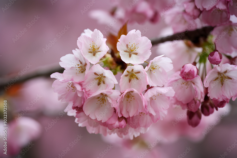 Delicate pink cherry blossoms with intricate petals, set against soft pink background Delicate pink cherry blossoms with intricate petals, set against soft pink background