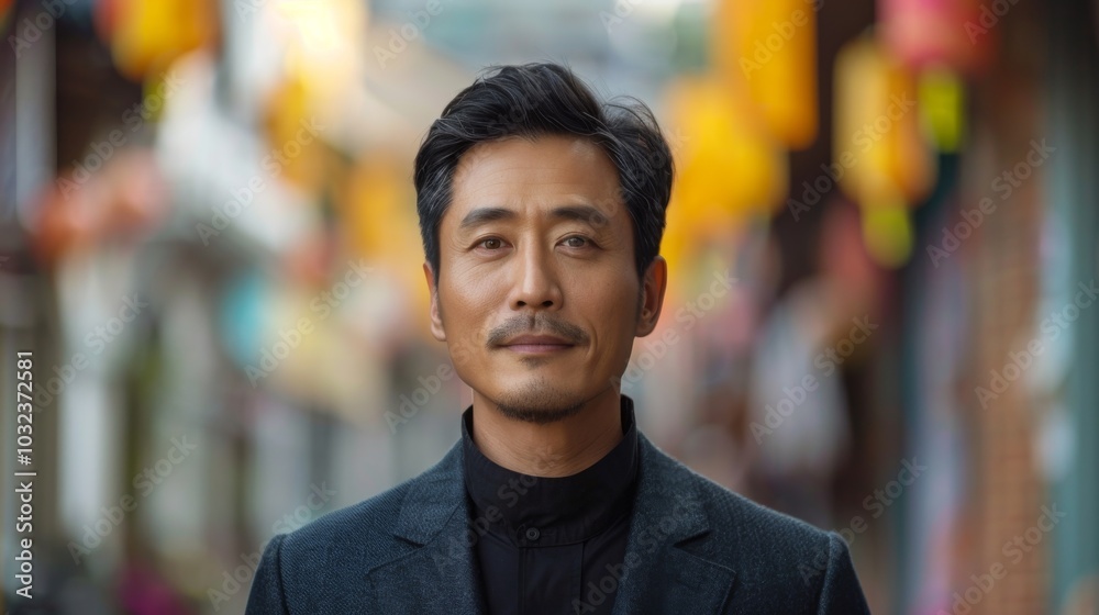 A backdrop of diverse colors enhances an Asian scholar's introspective pose, signifying his educational achievements A backdrop of diverse colors enhances an Asian scholar's introspective pose, signifying his educational achievements