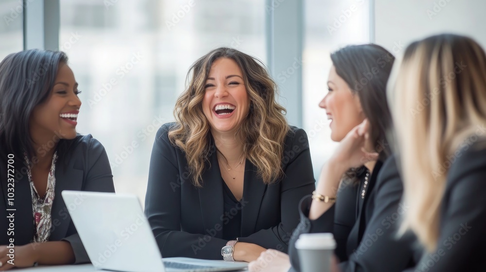 A group of professional women engaged in a lively discussion at a business meeting. A group of professional women engaged in a lively discussion at a business meeting.