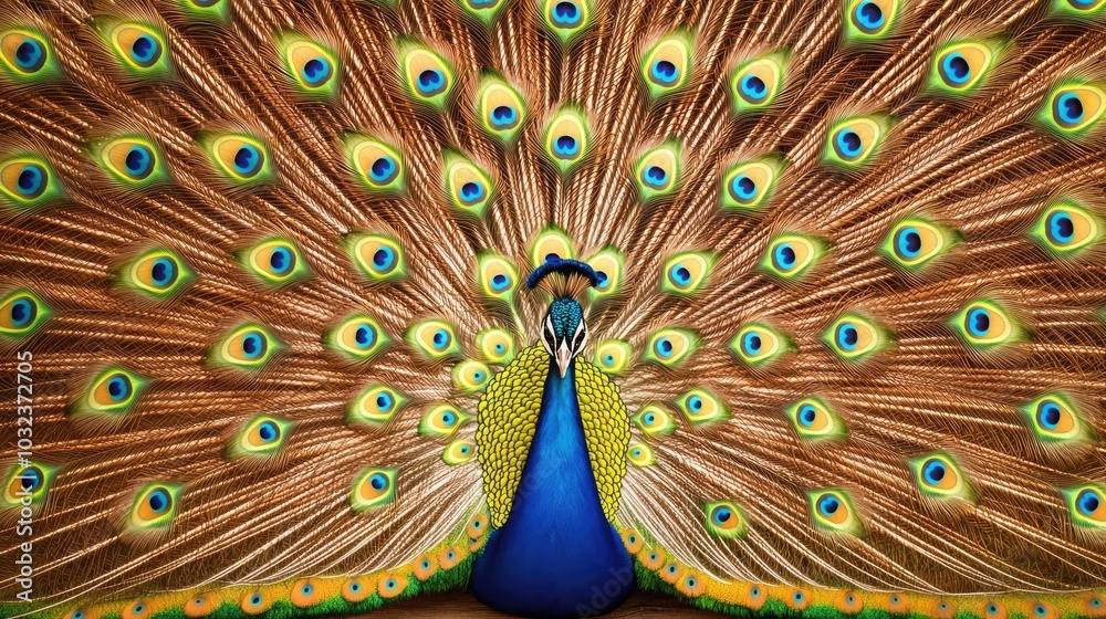 Obraz premium A vibrant peacock displaying its stunning plumage with vivid colors and intricate patterns, showcasing nature's beauty and elegance.