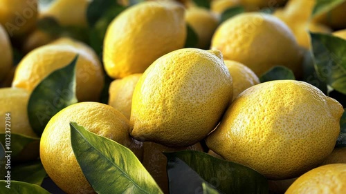 Ripe lemons with green leaves on a sunny day