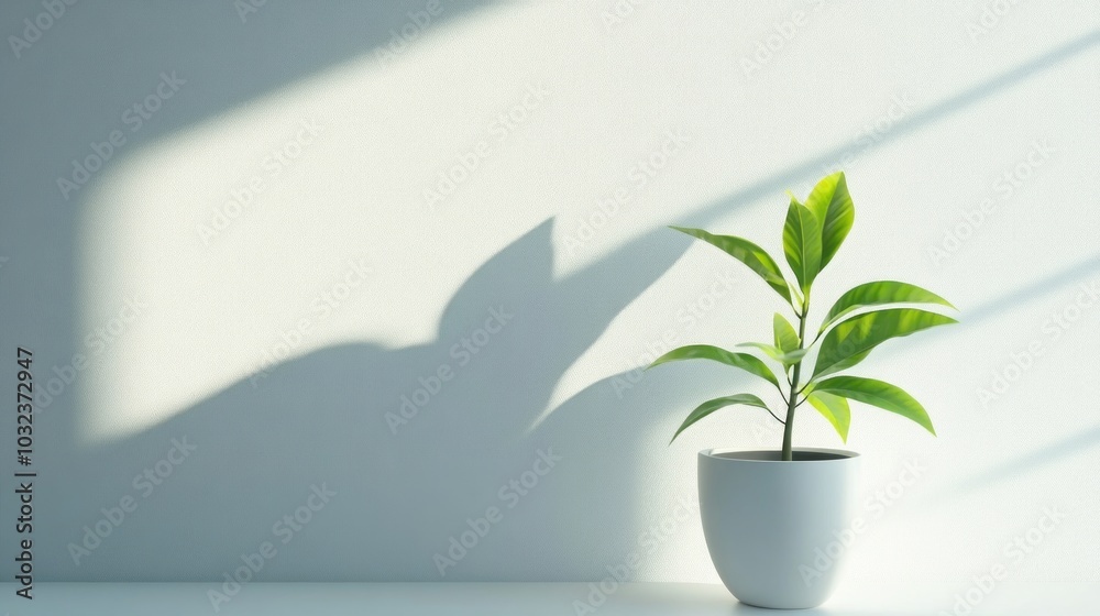 A small potted plant casts a shadow on a minimalist wall, creating a serene atmosphere. A small potted plant casts a shadow on a minimalist wall, creating a serene atmosphere.