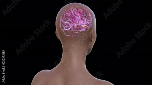 Human brain with highlighted amygdala, responsible for emotion processing, fear response, and memory formation, 3D animation.