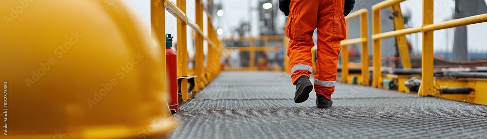 Worker in orange gear walking on industrial platform, construction site, safety equipment, metal walkway. Worker in orange gear walking on industrial platform, construction site, safety equipment, metal walkway.