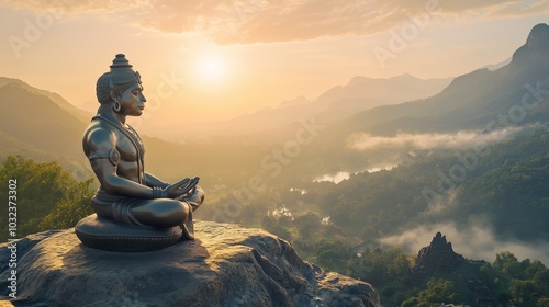 Serene Statue of Meditation at Dawn with Mountain View