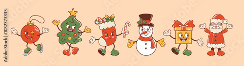 A snowman, Christmas tree, stocking, gift, and Christmas ball are ice skating together. These adorable retro style characters form a delightful dancing set, perfect for stickers, posters, and design