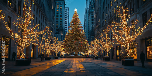 Fototapeta Naklejka Na Ścianę i Meble -  A giant Christmas tree and surrounding trees are lit with golden lights in a city street, creating a beautiful and festive holiday atmosphere.