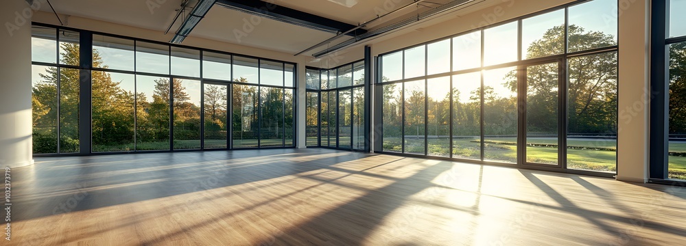 24. A bright, open space with large windows and a wooden floor, ready for product display 24. A bright, open space with large windows and a wooden floor, ready for product display