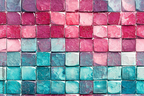 Vibrant, Colorful Tiles With Intricate Textures in Shades of Pink and Teal photo