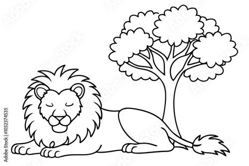 Lion sleeping under tree in a jungle Coloring Page stock vector illustration