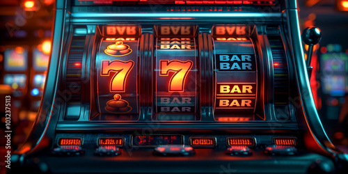 Slot machine on a dark background with neon soft lighting. The front view showcases a minimalistic style with red and yellow colors, simple shadows, and a clean, sharp focus. 