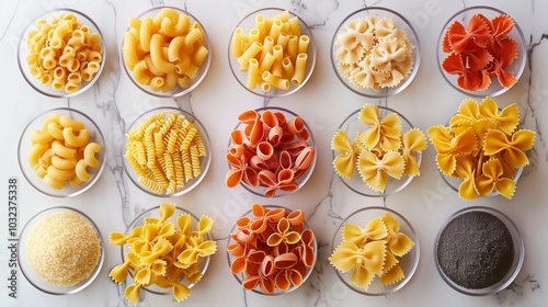 Artfully displayed pasta varieties like penne, rigatoni, and spaghetti on a white background