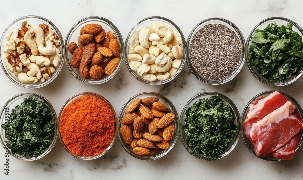 Keto-Friendly Ingredients: Close-up shots of keto-friendly ingredients nuts, seeds, lean meats, and green leafy vegetables, arranged in a visually appealing, Generative AI Keto-Friendly Ingredients: Close-up shots of keto-friendly ingredients nuts, seeds, lean meats, and green leafy vegetables, arranged in a visually appealing, Generative AI