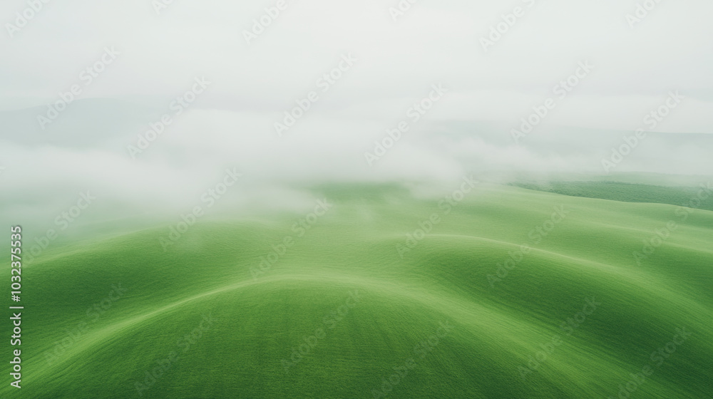Obraz premium Lush green hills covered in soft mist create serene and tranquil landscape. gentle curves of terrain evoke sense of calm and connection to nature