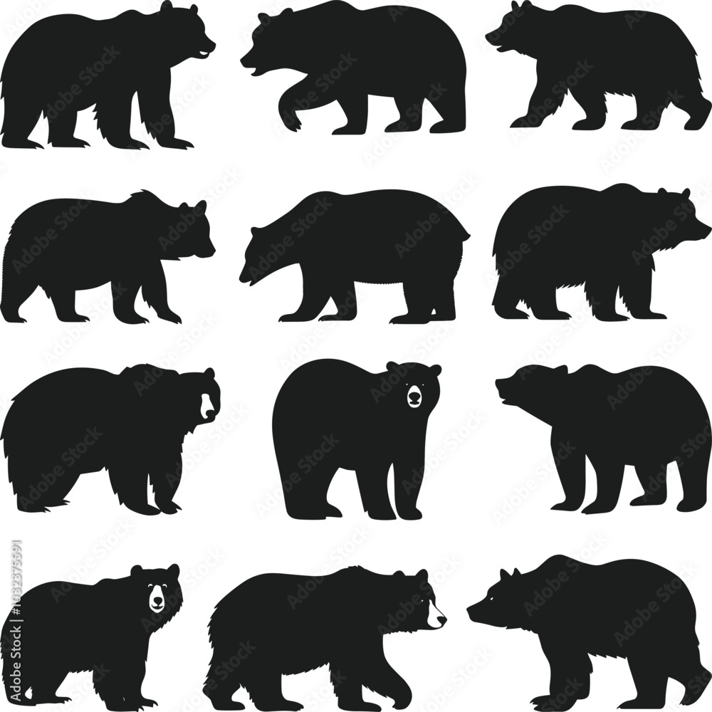 Fototapeta premium Set of Bear Silhouette Vector - Perfect for Wildlife, Nature, and Outdoor Designs