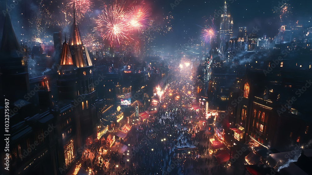 A panoramic view of a city celebrating the New Year, with fireworks cascading down and crowds gathered in anticipation A panoramic view of a city celebrating the New Year, with fireworks cascading down and crowds gathered in anticipation