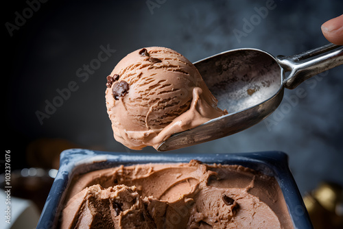 Creamy chocolate ice cream scoop with visible chunks, held over ice cream container