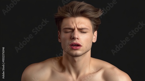 A young man with brown hair and closed eyes appears to be in pain, with his mouth slightly open.