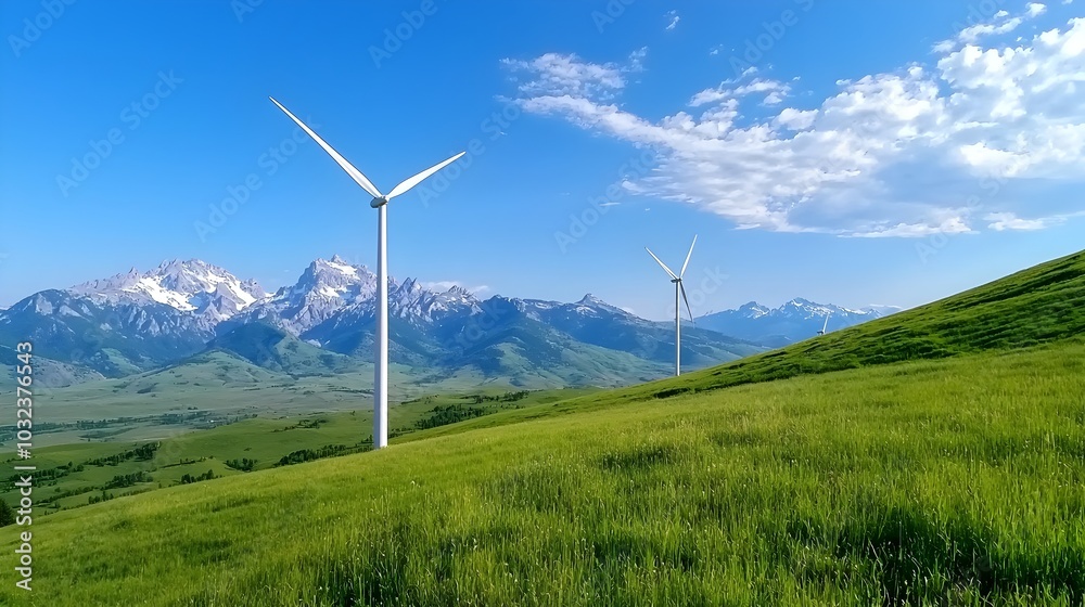 Wind turbines spinning on a mountain range with snow capped peaks in the distance generating clean renewable energy and providing a striking awe inspiring natural landscape Wind turbines spinning on a mountain range with snow capped peaks in the distance generating clean renewable energy and providing a striking awe inspiring natural landscape
