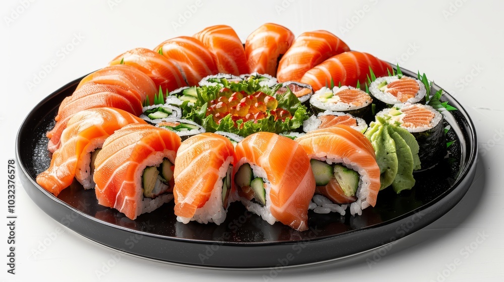 Artfully arranged sushi rolls and sashimi on a sleek black plate, set against a crisp white background Artfully arranged sushi rolls and sashimi on a sleek black plate, set against a crisp white background