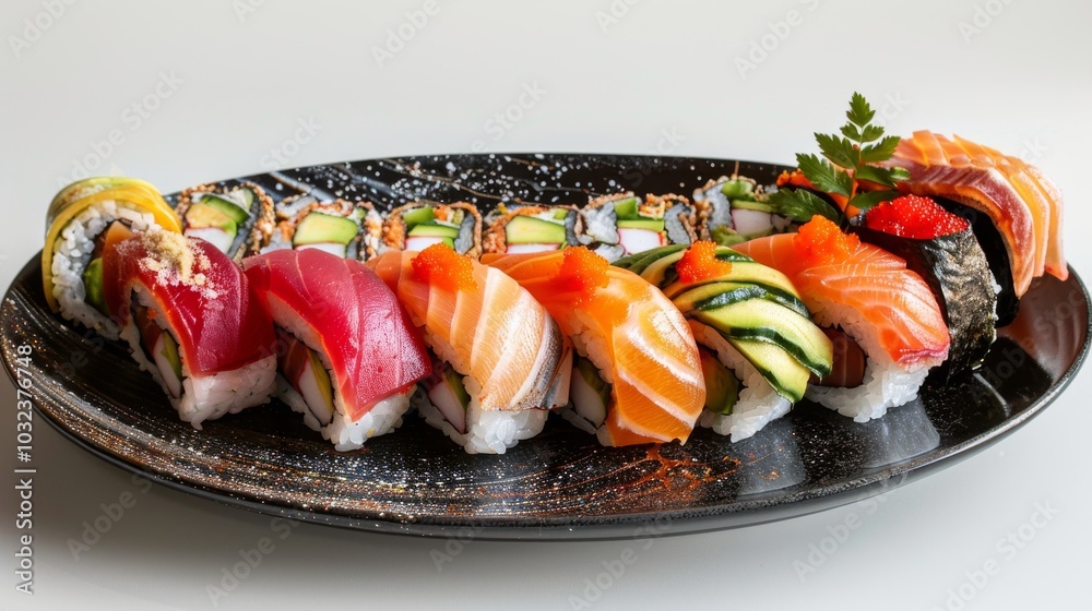 Artfully arranged sushi rolls and sashimi on a sleek black plate, set against a crisp white background Artfully arranged sushi rolls and sashimi on a sleek black plate, set against a crisp white background
