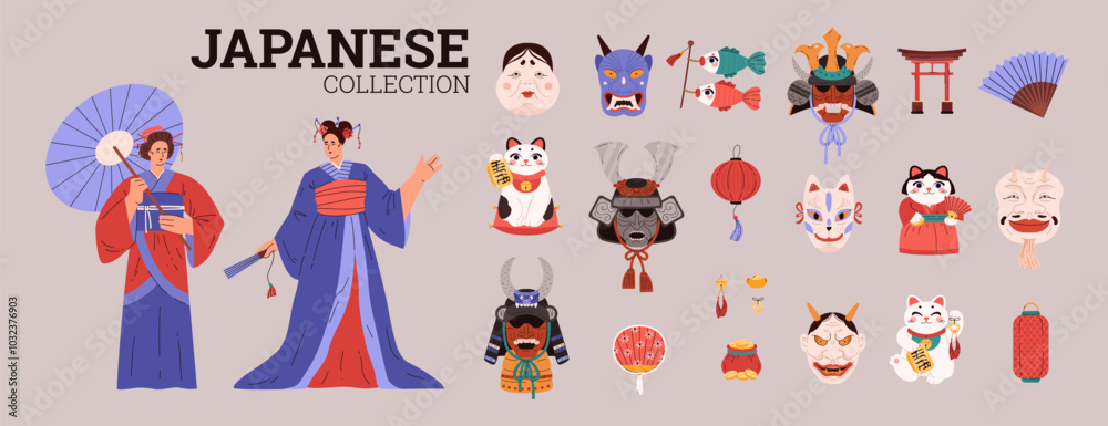 Set vectors dedicated to a diverse Japanese culture: girls in kimonos, demon and samurai masks, Set vectors dedicated to a diverse Japanese culture: girls in kimonos, demon and samurai masks,