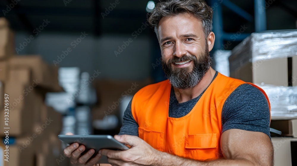 Fototapeta premium Professional construction engineer reviewing digital plans and blueprints on a tablet device while standing next to piles of building materials and equipment at a construction site or worksite