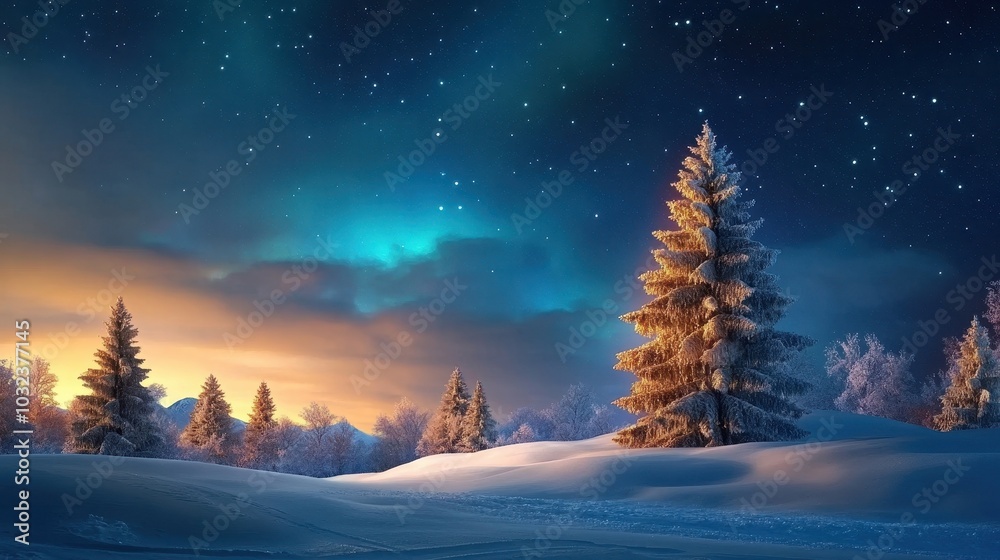 Snow-covered forest with tall pine trees under the Northern Lights Snow-covered forest with tall pine trees under the Northern Lights