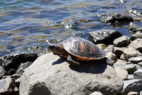 _. Turtle basking on a rock by the seaA turtle enjoying the sun photo