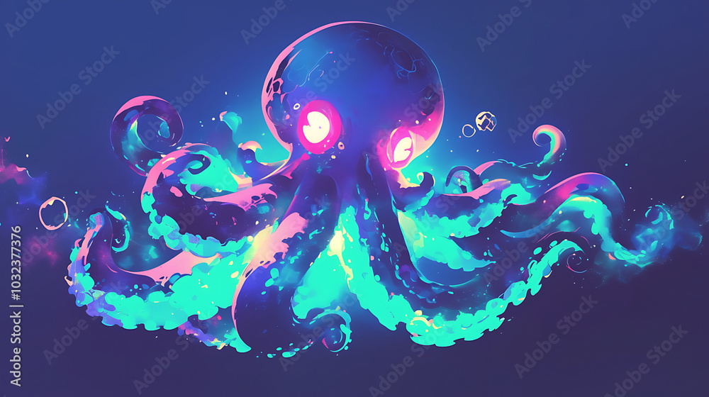 Cute purple octopus with glowing eyes in a magical underwater world Cute purple octopus with glowing eyes in a magical underwater world
