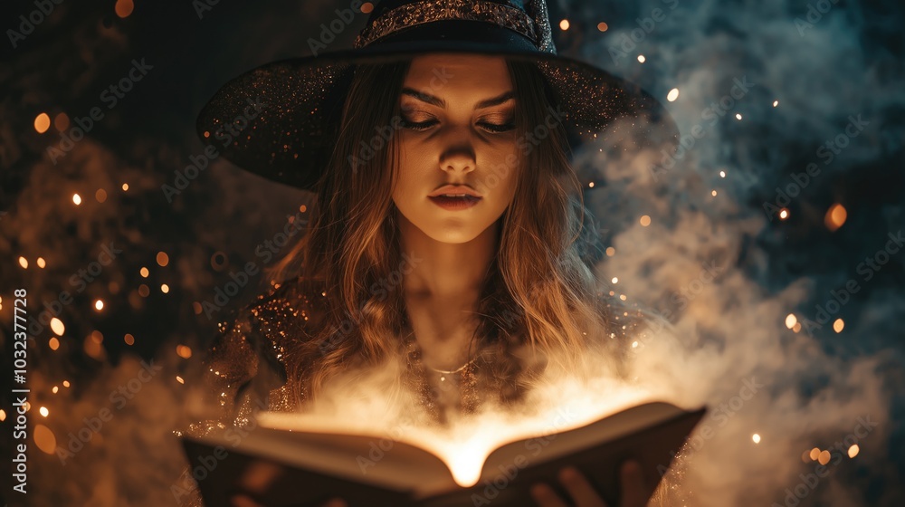 A female magician wearing a witch costume, casting spells with a glowing book surrounded by smoke. A female magician wearing a witch costume, casting spells with a glowing book surrounded by smoke.