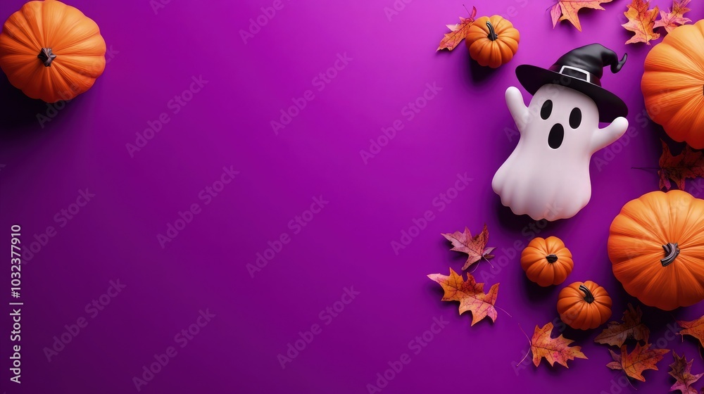 A spooky 3D pumpkin ghost in the corner holding a black hat, surrounded by three tiny pumpkins and scattered dry leaves, set against a vibrant purple background with ample space for copy. A spooky 3D pumpkin ghost in the corner holding a black hat, surrounded by three tiny pumpkins and scattered dry leaves, set against a vibrant purple background with ample space for copy.