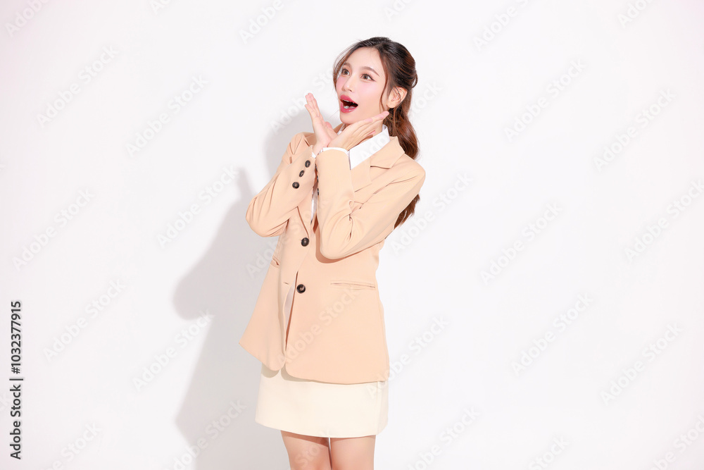 Smiling young Asian business woman leader entrepreneur wearing stylish suit open mouth raising hand screaming announcement on isolated background. Smiling young Asian business woman leader entrepreneur wearing stylish suit open mouth raising hand screaming announcement on isolated background.