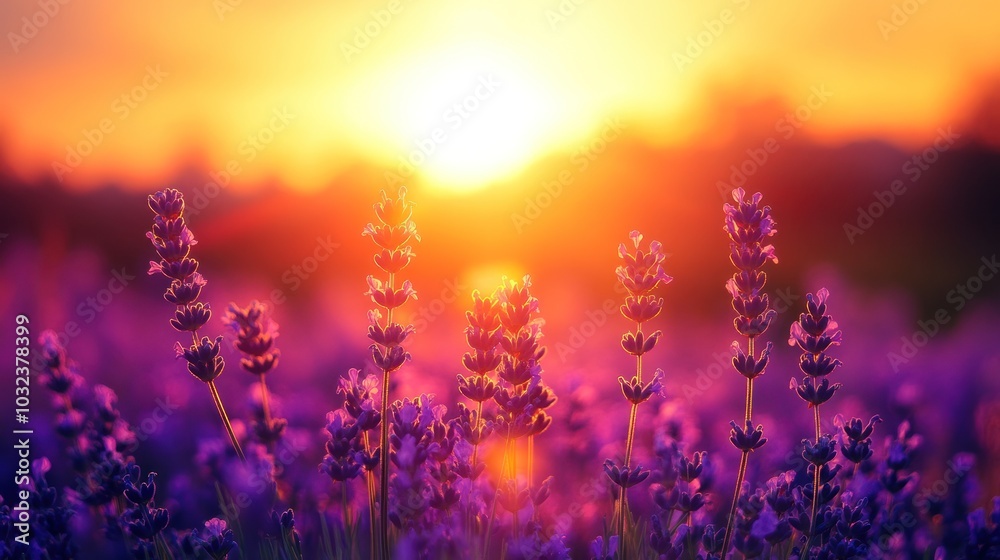 Fototapeta premium Lavender Flowers Silhouetted Against a Sunset Sky