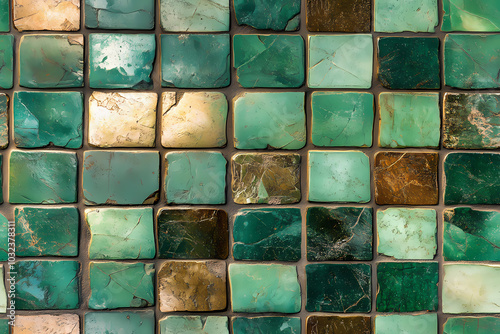 A Stunning Seamless Texture of Vibrant Green and Gold Tiles Creating an Artistic Mosaic Pattern photo