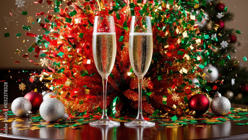 two crystal glasses filled with champagne on a table under a shower of multicolored confetti photo