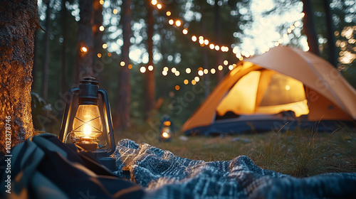 A cozy camping scene featuring glowing lantern and warm tent surrounded by trees. soft light from string lights creates serene atmosphere, perfect for relaxation