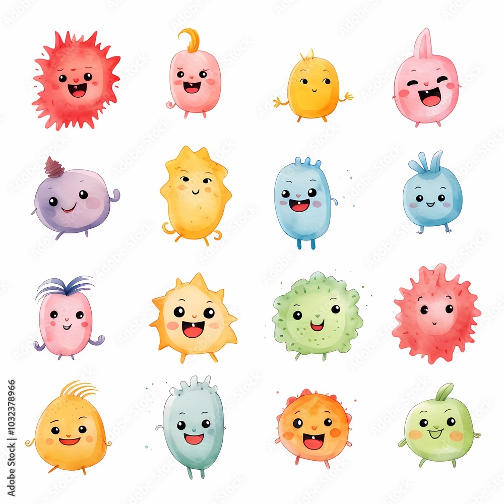 Fototapeta premium The watercolor illustration depicts various colorful hearts and round faces expressing a wide range of emotions