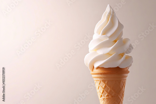 Delicious soft serve ice cream in a cone on a light background.