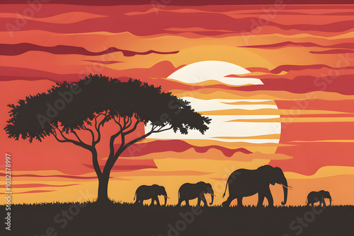 African savannah sunset with elephants, capturing natures beauty and tranquility