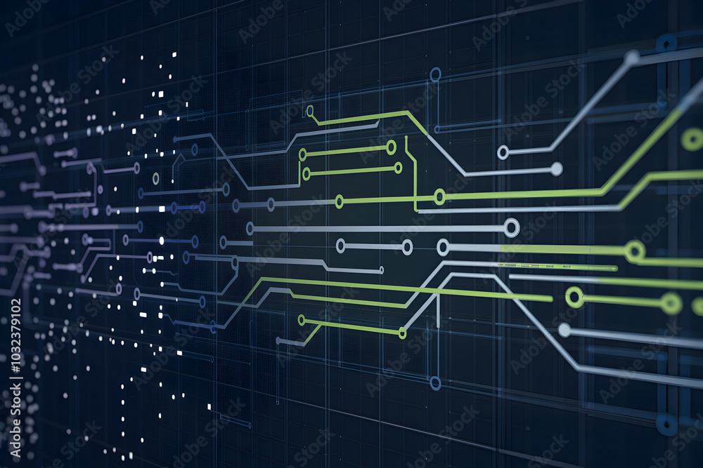 Digital grid overlaid with circuit lines, symbolizing data exchange and technology Digital grid overlaid with circuit lines, symbolizing data exchange and technology