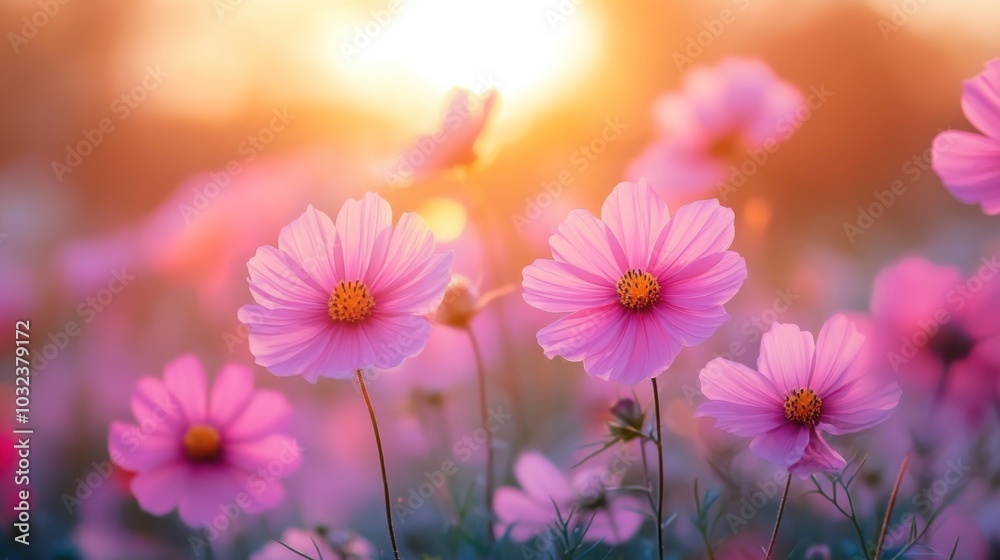 Pink Cosmos Flowers in a Field at Sunset Pink Cosmos Flowers in a Field at Sunset