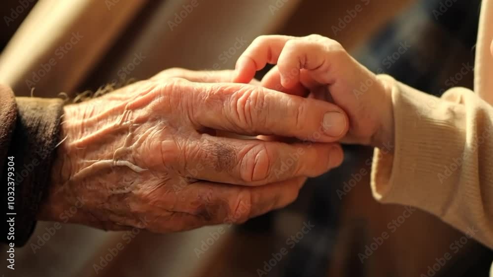 The hand of an old man holds the hand of a child. Concept: connection ...