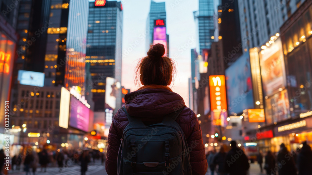 A person stands in Times Square, New York City, surrounded by vibrant lights and billboards, capturing essence of urban life and excitement A person stands in Times Square, New York City, surrounded by vibrant lights and billboards, capturing essence of urban life and excitement