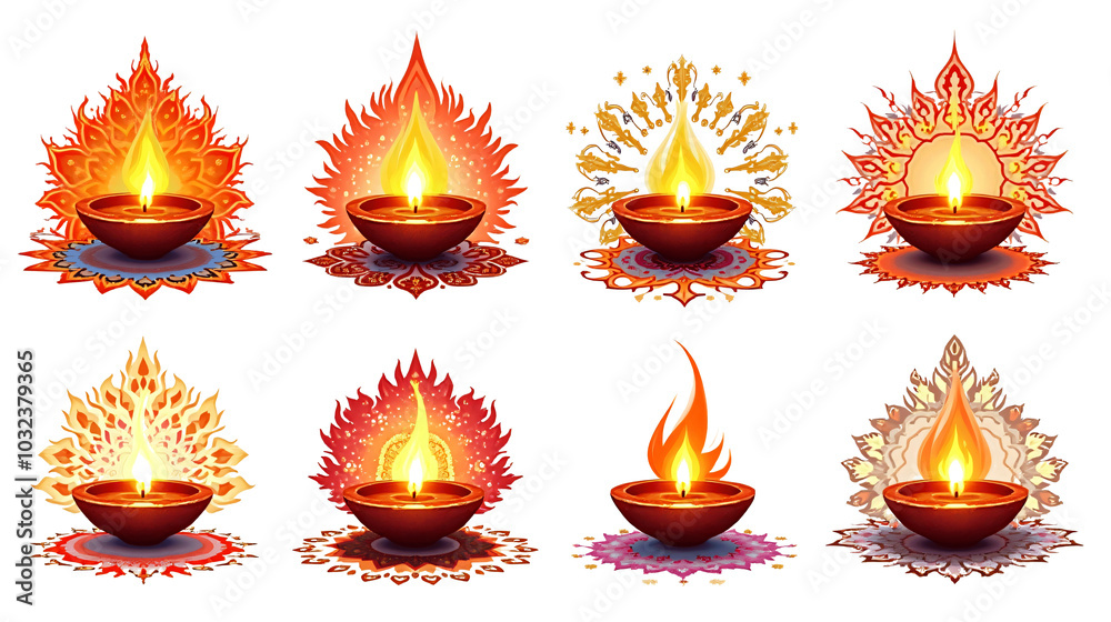 Elegant Diwali Diya Lamp Illustrations with Unique Flames Elegant Diwali Diya Lamp Illustrations with Unique Flames