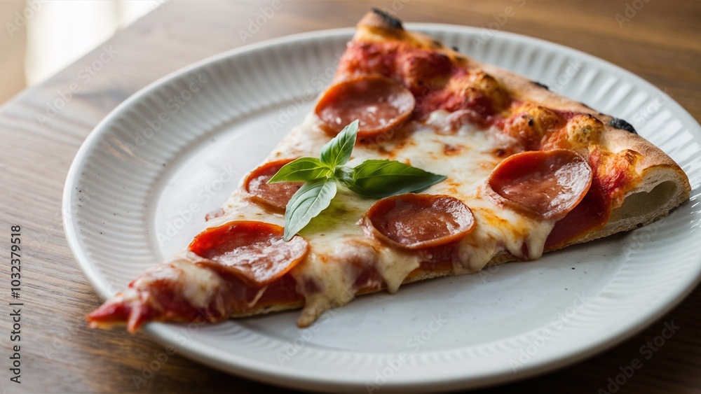Delicious pepperoni pizza slice with fresh basil on a wooden table Delicious pepperoni pizza slice with fresh basil on a wooden table