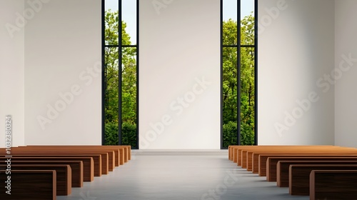 Contemporary Catholic parish church with a cross shaped structure sleek and angular silhouette and floor to ceiling glass walls that filter in abundant natural light photo